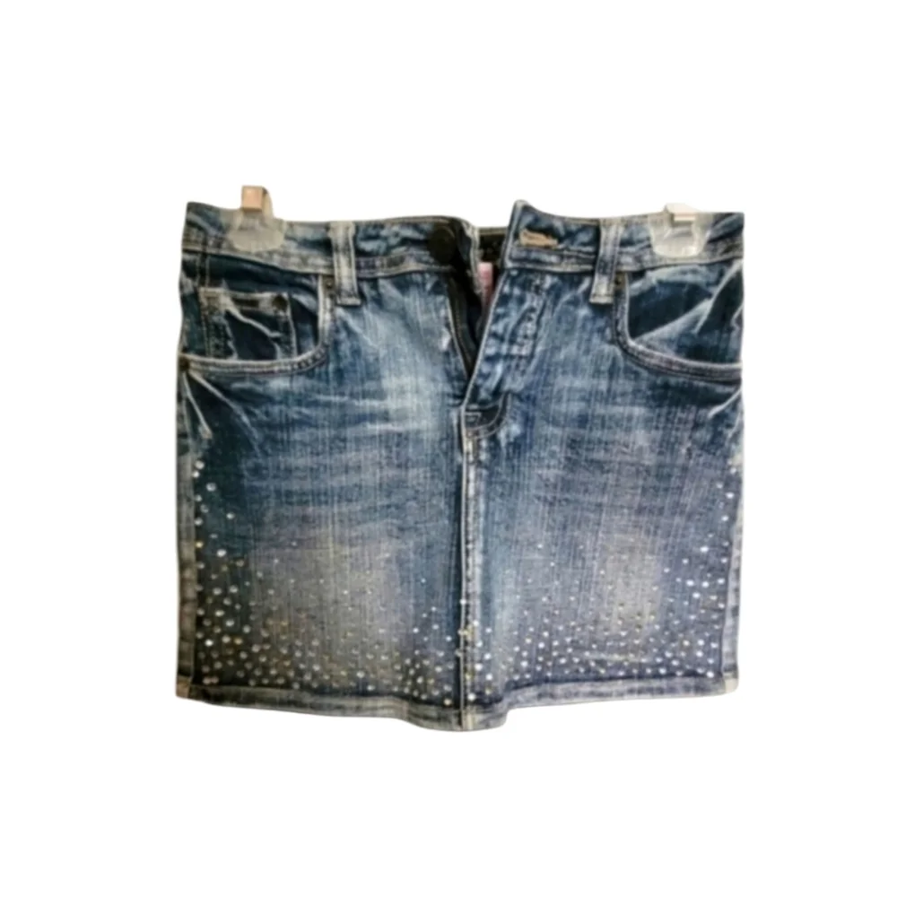 Justice Girlhood Blue Denim Silver Rhinestone and Gem Mini Skirt Size 12 Girls